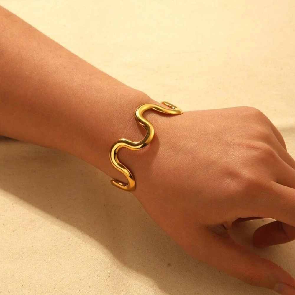 18K Gold Plated Wavy Chain Bracelet Bangle Cuff*Wave Bangle*Waterproof*JD